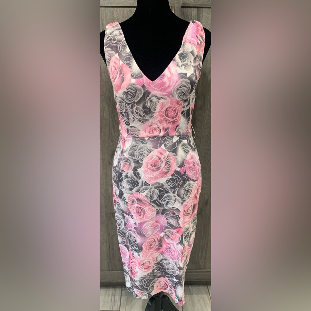 Bettie Page 50's Pink Floral Slim Fit Dress By Tatyana Rockabilly Style Size XS